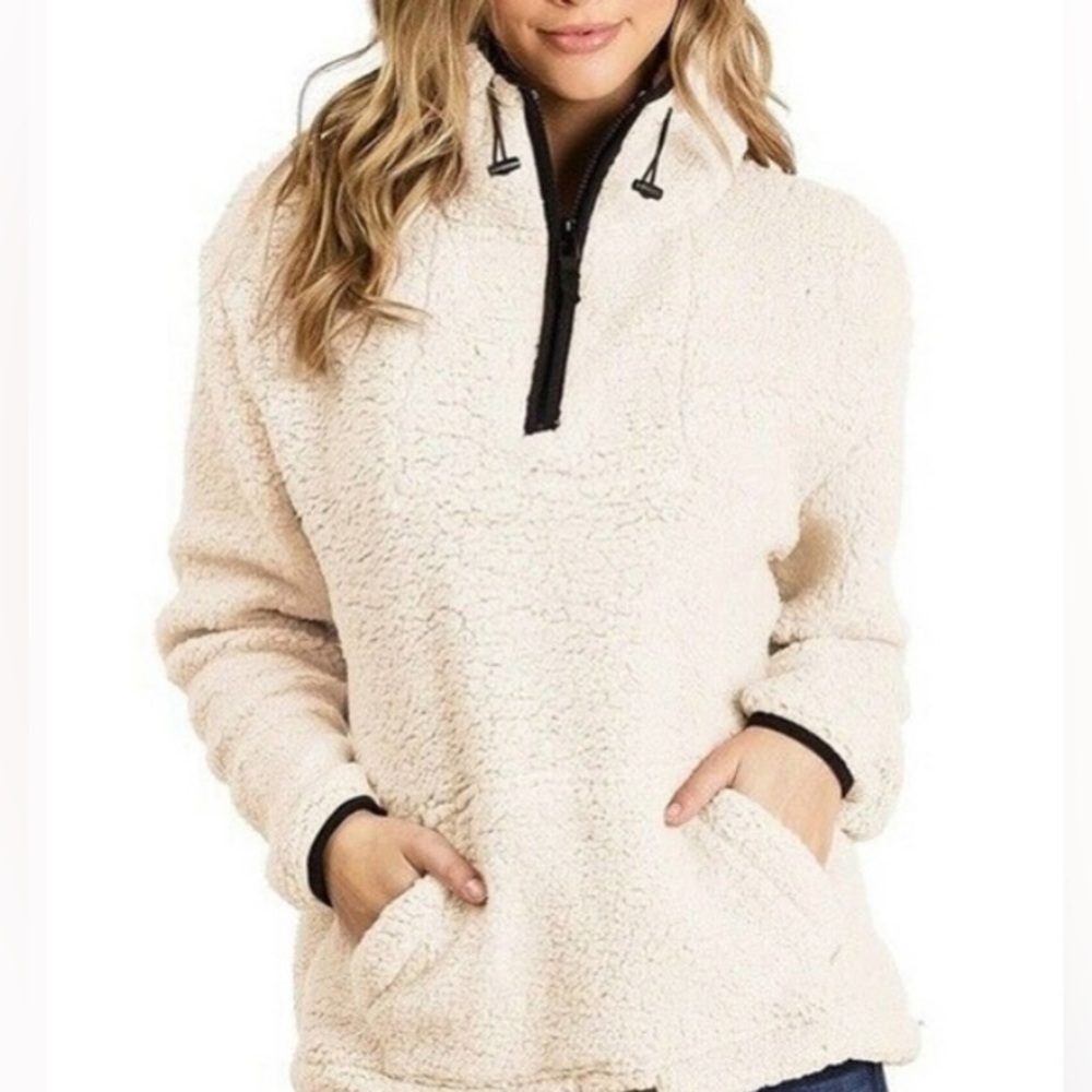 Love Tree Cozy Pullover Ivory/Black Polyester Sweatshirt- Large